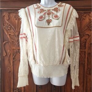 Anthropologie Blank London Embroidered Ruffle Lace Blouse Top Size Medium
